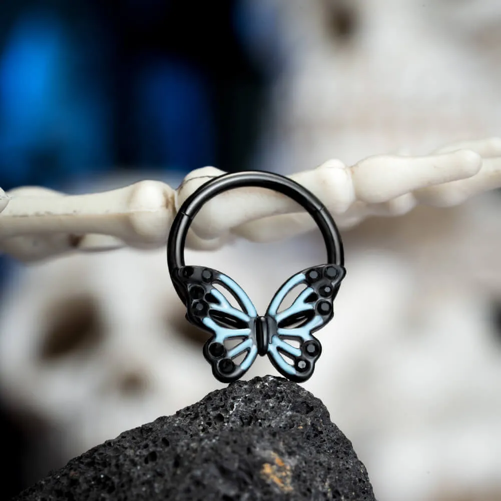 16G Black Blue Ombre Butterfly Hinged Segment Septum Ring