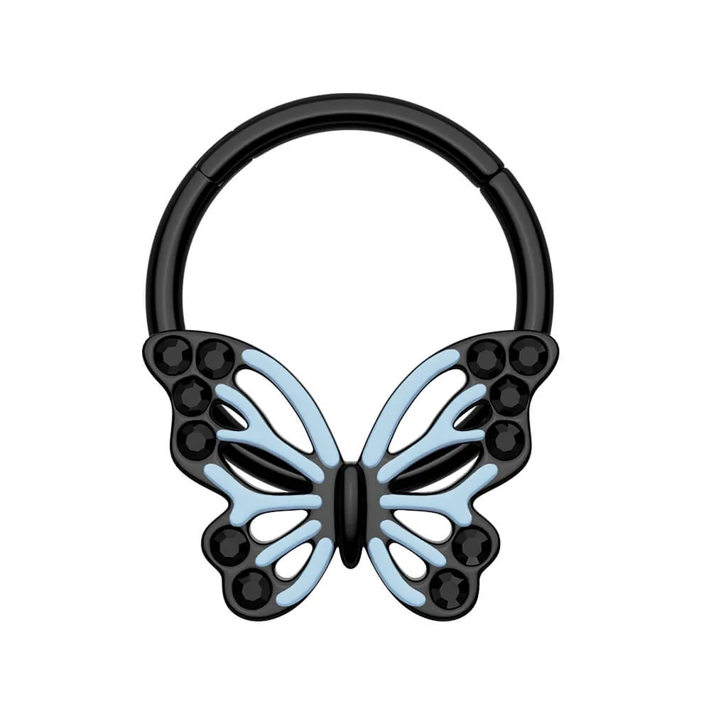 16G Black Blue Ombre Butterfly Hinged Segment Septum Ring