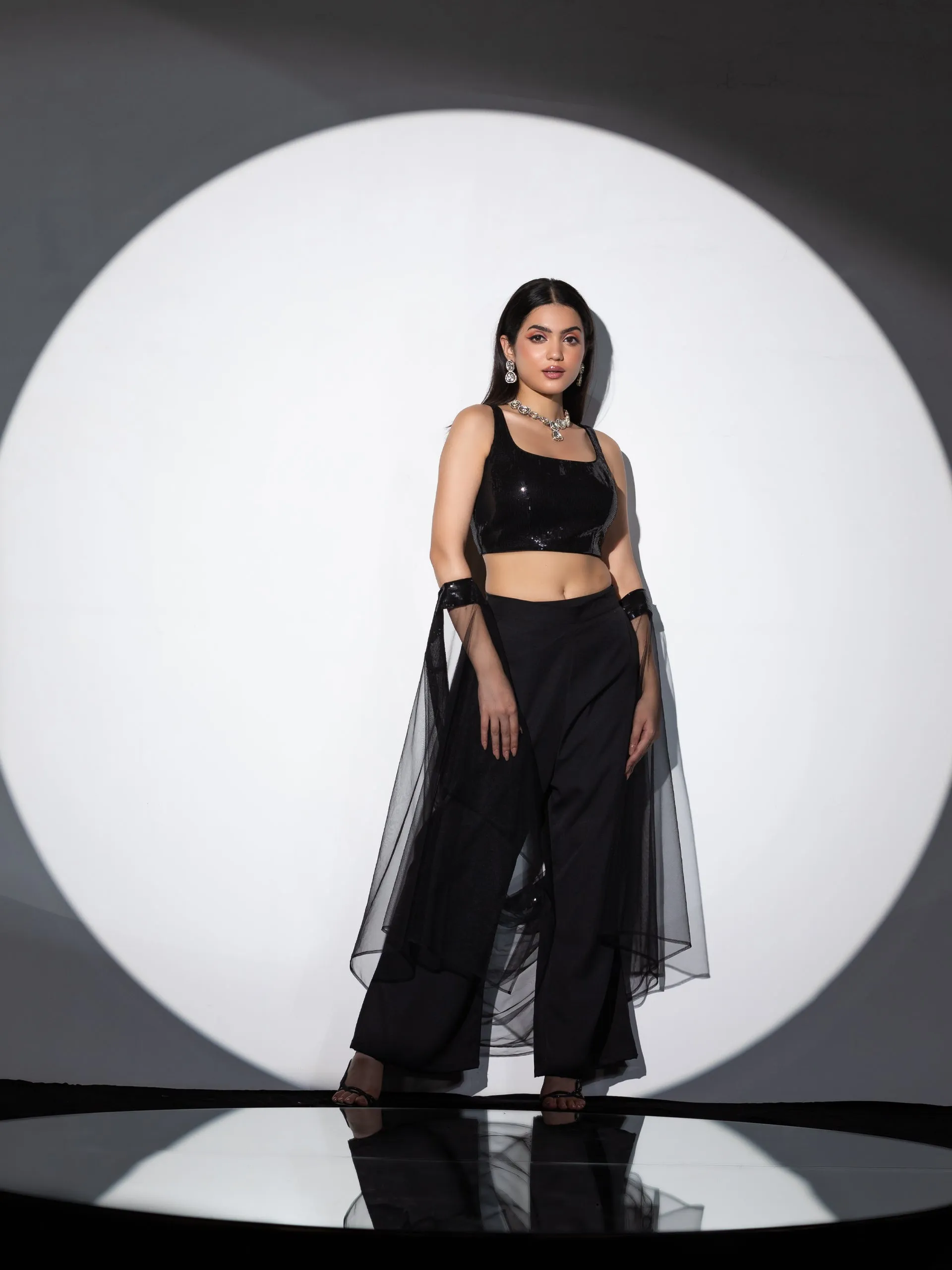 3pc SET| Shawa-Shawa Outfit Sequin Blouse, Flared Pant and Net with Sequin Dupatta