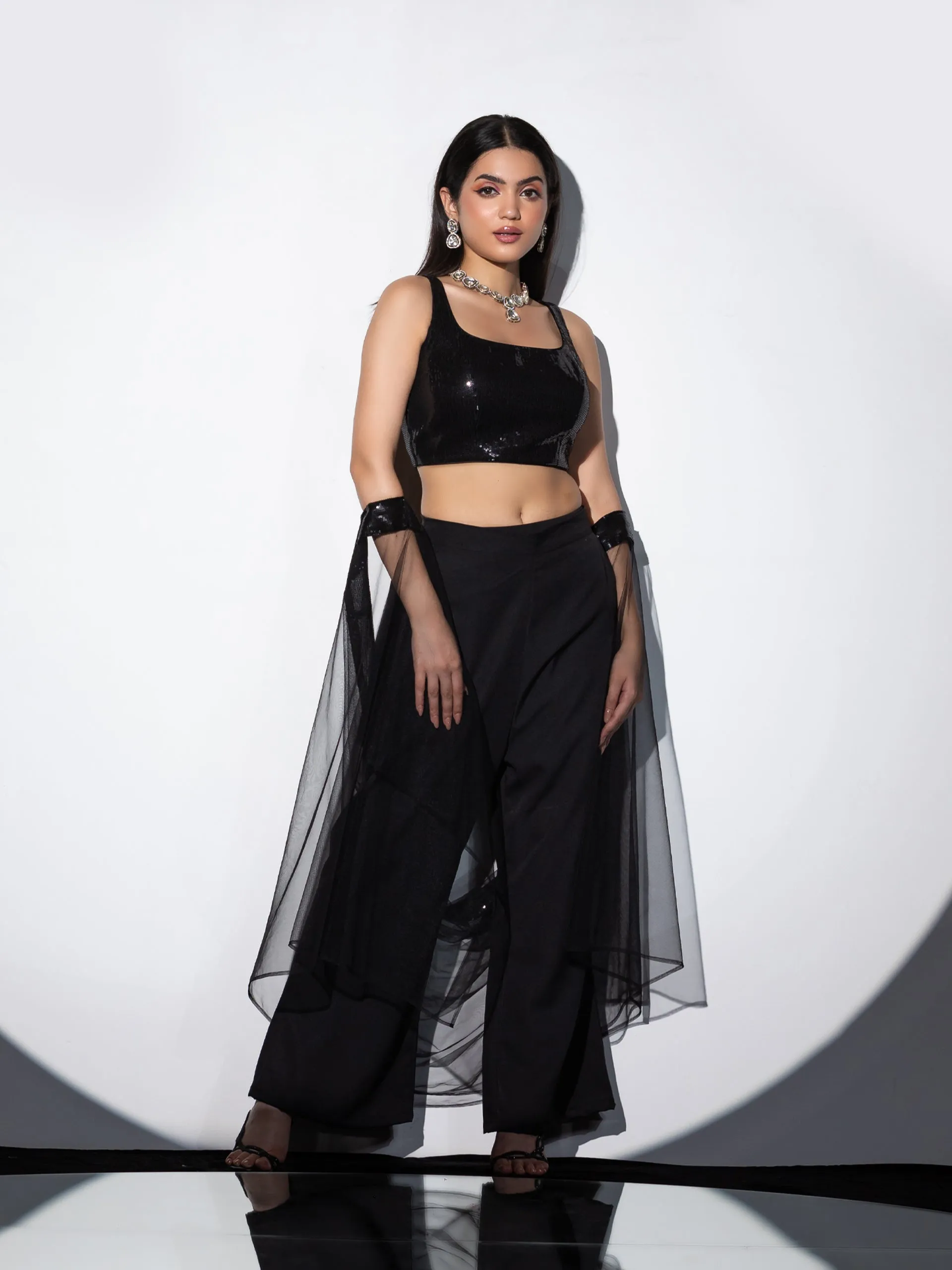 3pc SET| Shawa-Shawa Outfit Sequin Blouse, Flared Pant and Net with Sequin Dupatta
