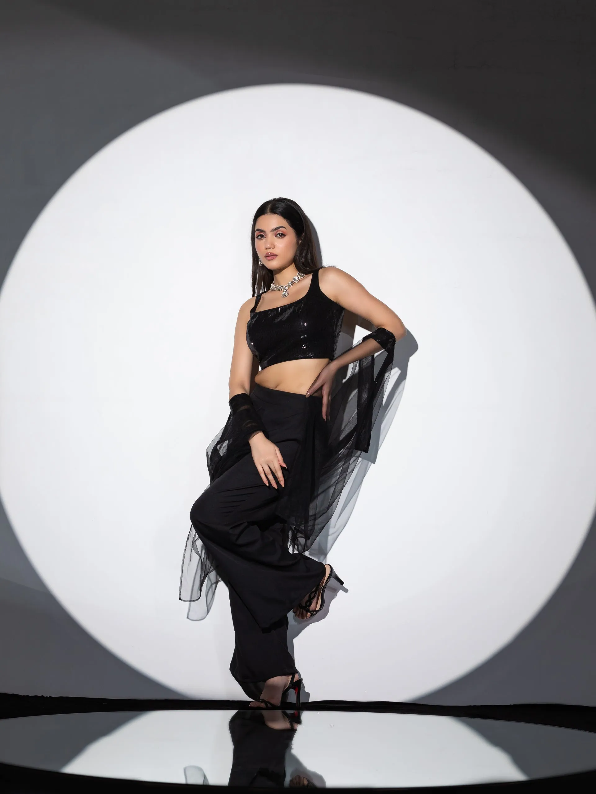3pc SET| Shawa-Shawa Outfit Sequin Blouse, Flared Pant and Net with Sequin Dupatta