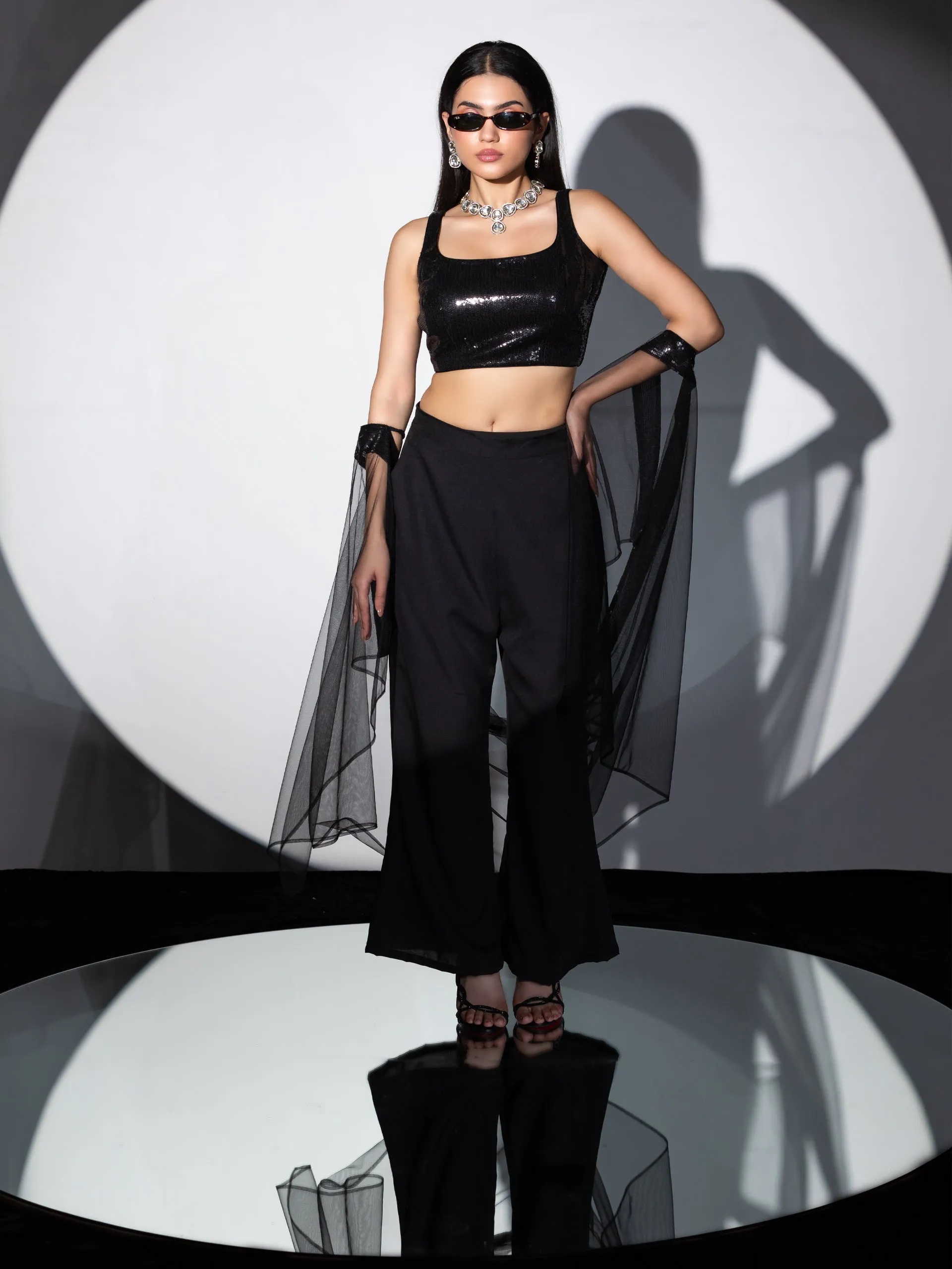 3pc SET| Shawa-Shawa Outfit Sequin Blouse, Flared Pant and Net with Sequin Dupatta