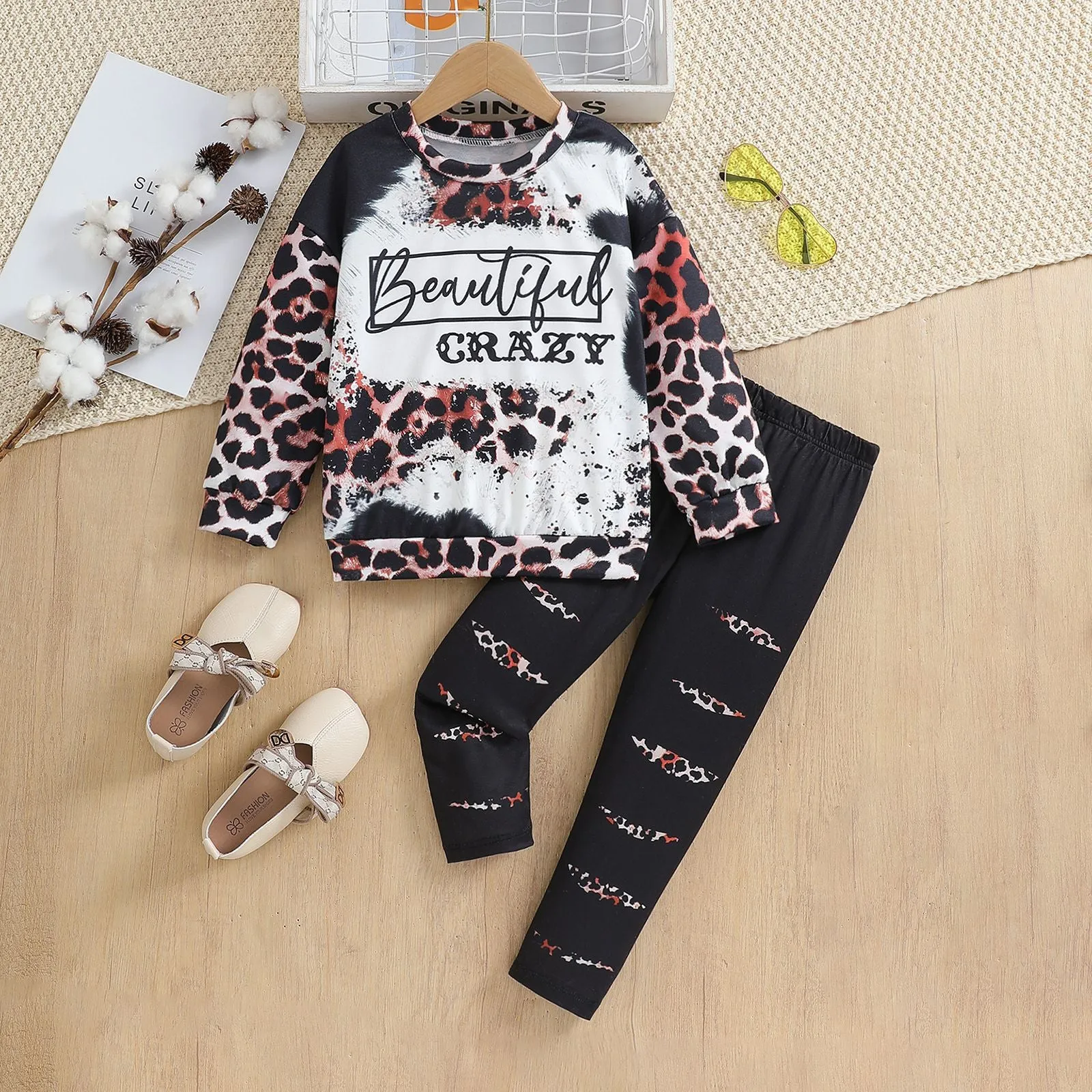Alphabet Leopard Print Long Sleeve Top Printed Casual Pants Sweater Set