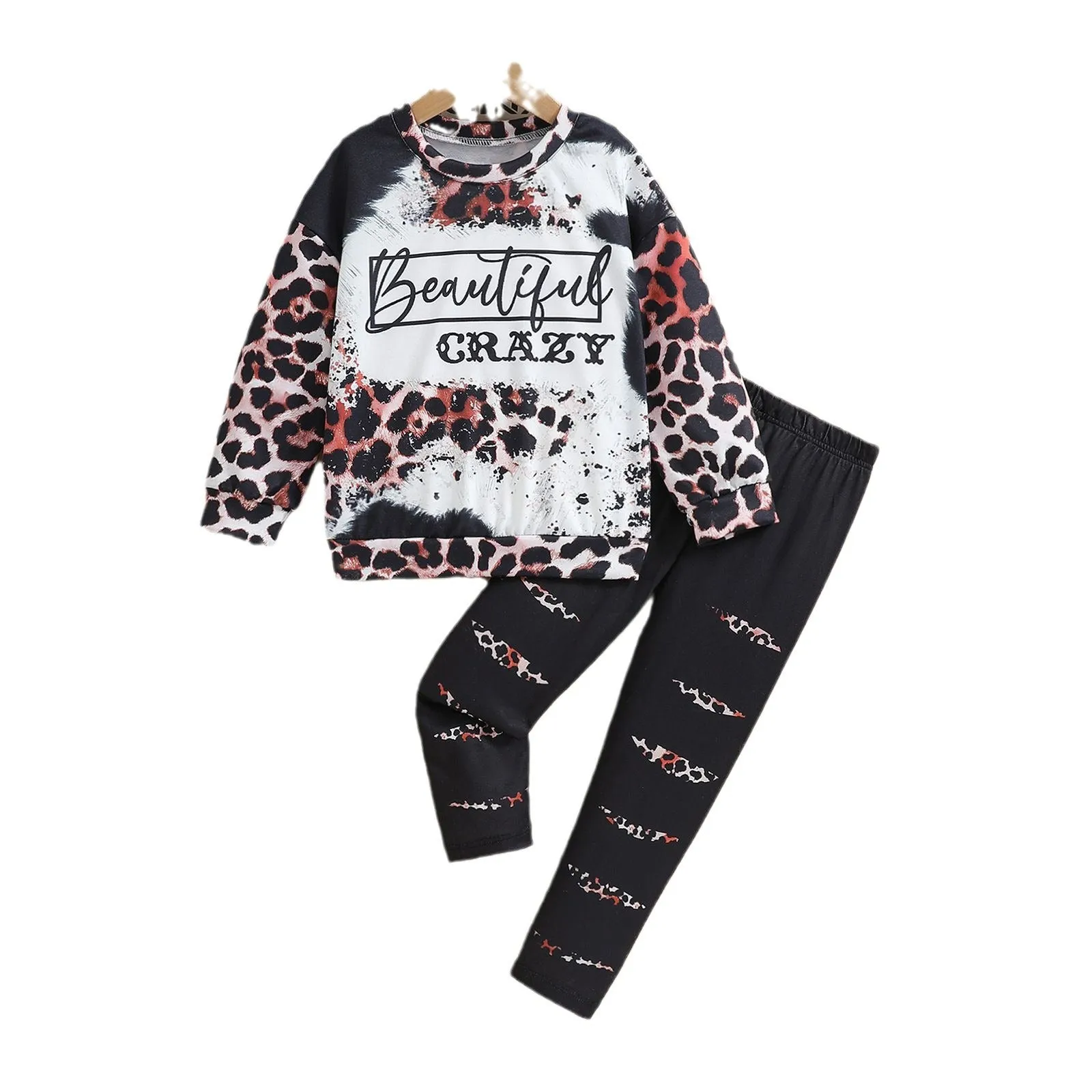 Alphabet Leopard Print Long Sleeve Top Printed Casual Pants Sweater Set