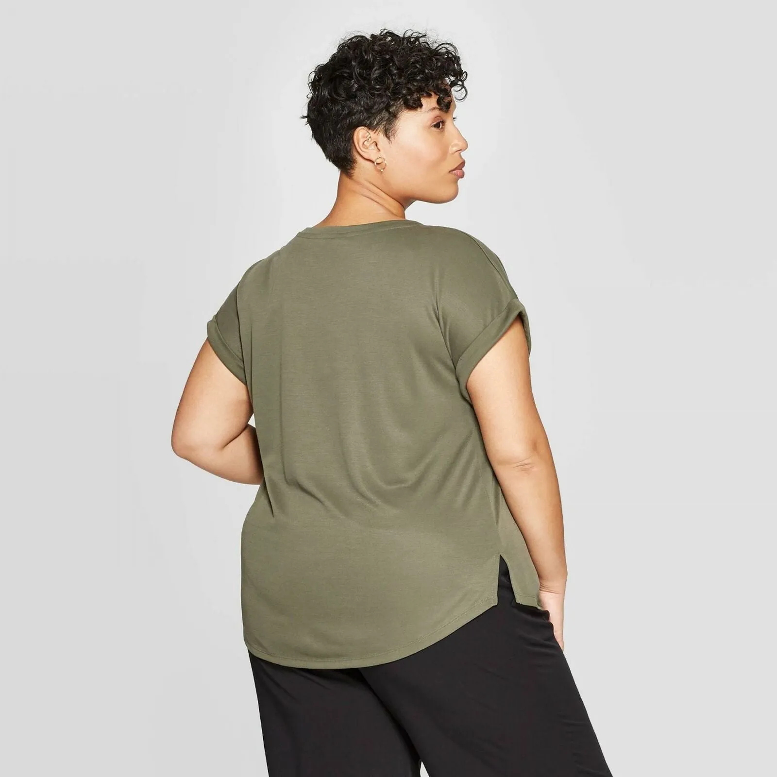 Ava & Viv Cuffed Short Sleeve Crewneck T-Shirt Olive Green Plus X