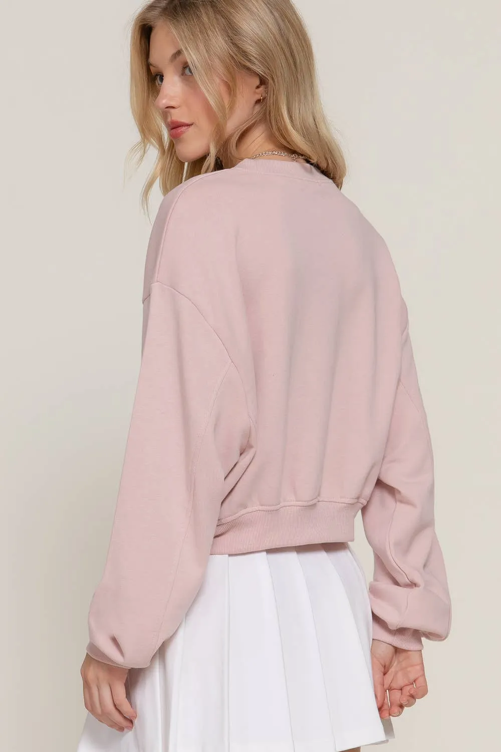 Beige Pink Long Sleeve Crew Neck Short Sweatshirt