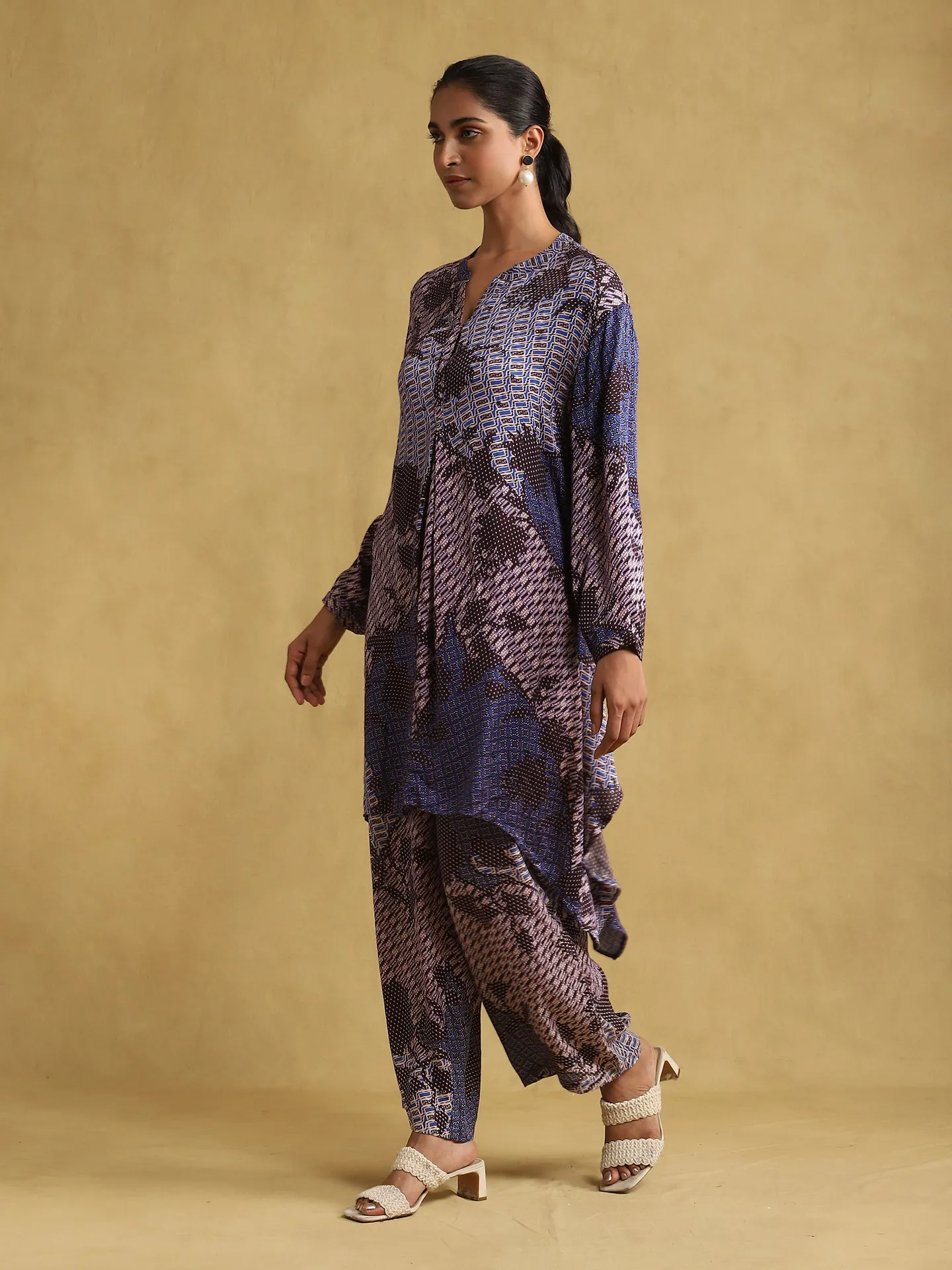 Blue Print Asymmetric Kurta And Palazzo