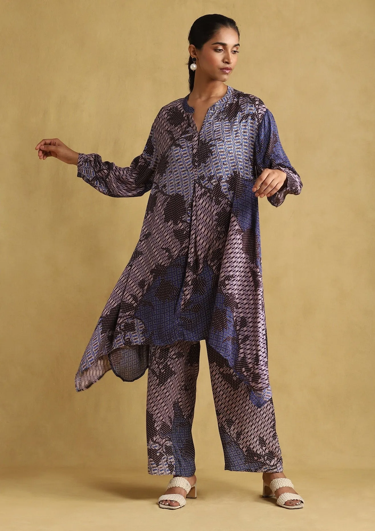 Blue Print Asymmetric Kurta And Palazzo