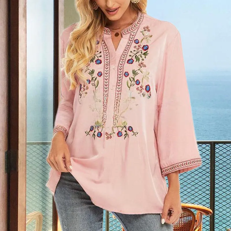 Buddha Stones Pure Color Embroidery Flower Design Long Sleeve V-Neck Cotton Women's T-Shirt