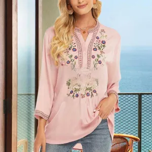 Buddha Stones Pure Color Embroidery Flower Design Long Sleeve V-Neck Cotton Women's T-Shirt