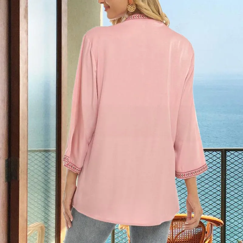 Buddha Stones Pure Color Embroidery Flower Design Long Sleeve V-Neck Cotton Women's T-Shirt