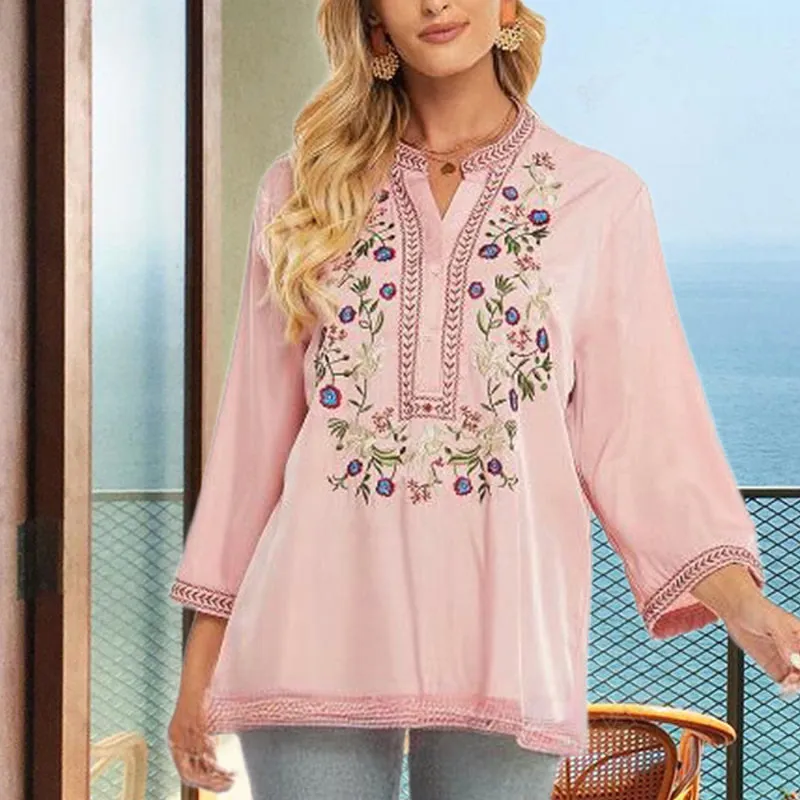 Buddha Stones Pure Color Embroidery Flower Design Long Sleeve V-Neck Cotton Women's T-Shirt