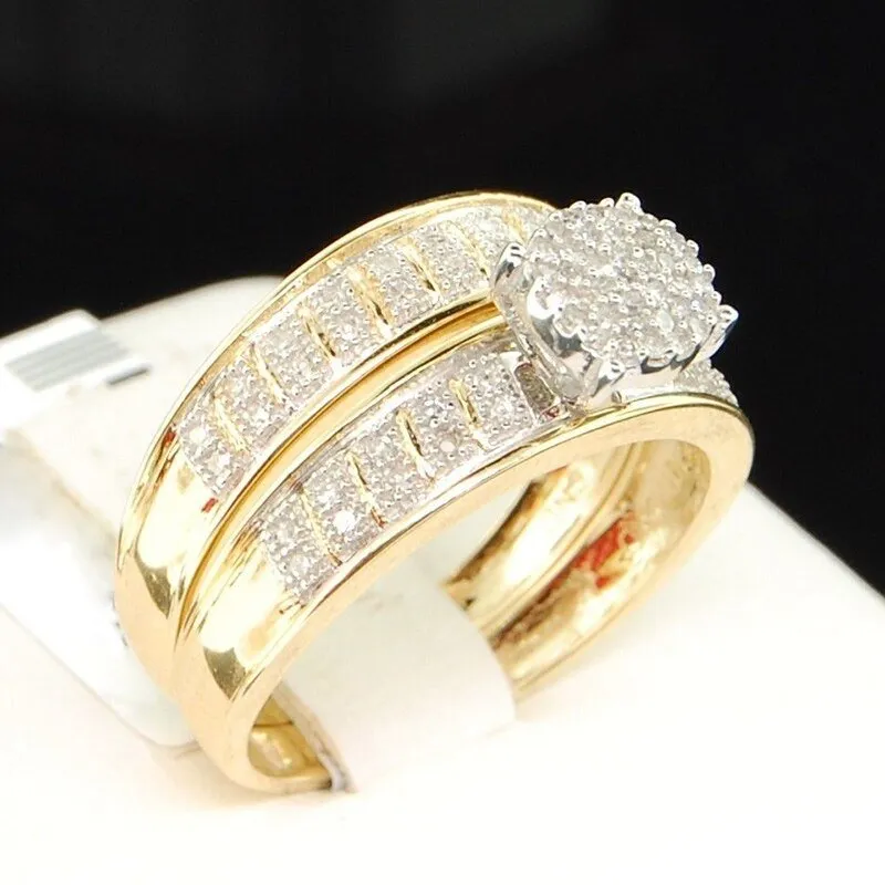Clear Zircon Engagement Ring Set 14K Gold Women Jewelry