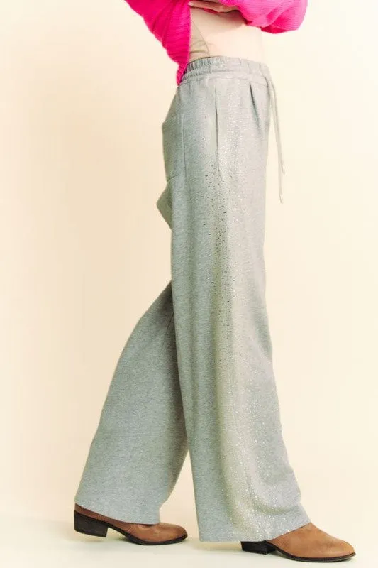 Cotton Blend Rhinestone Wide Leg Pants
