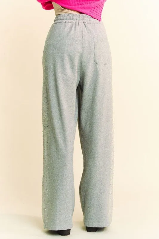 Cotton Blend Rhinestone Wide Leg Pants