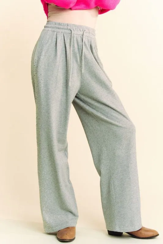 Cotton Blend Rhinestone Wide Leg Pants