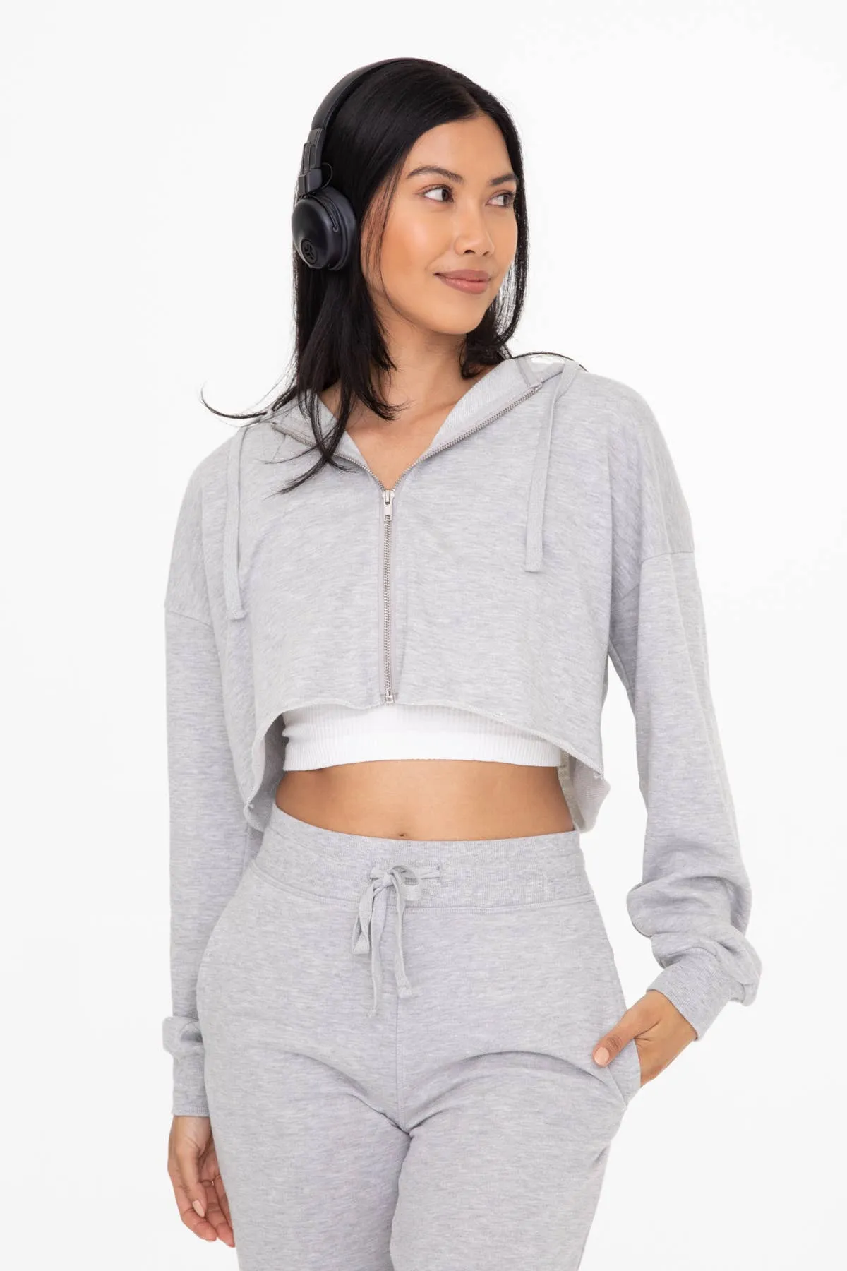 Crop Hoodie Zip-Up French Terry Jacket-  BLACK