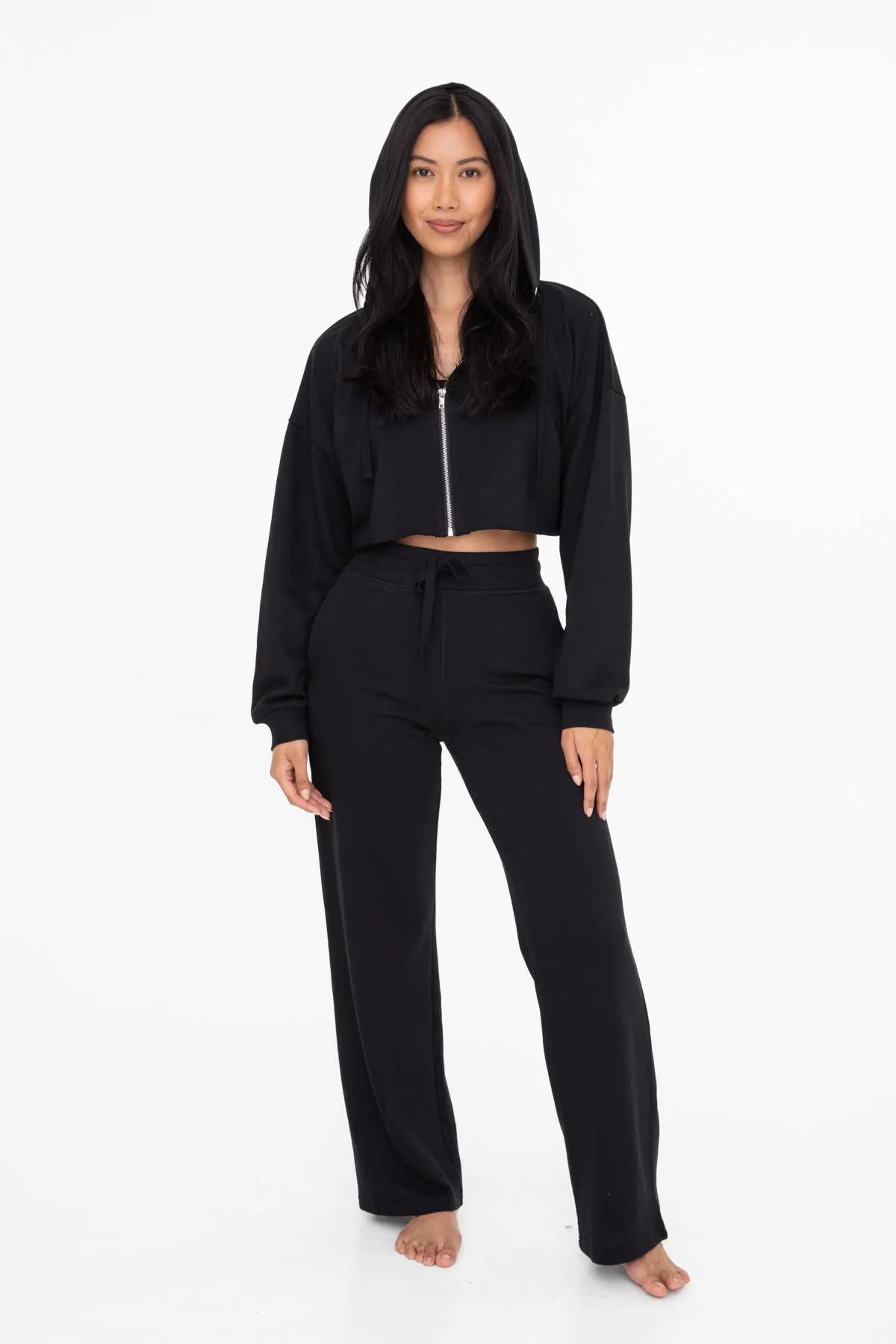 Crop Hoodie Zip-Up French Terry Jacket-  BLACK