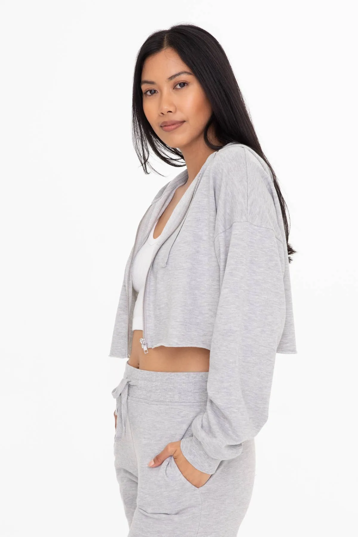 Crop Hoodie Zip-Up French Terry Jacket-  BLACK
