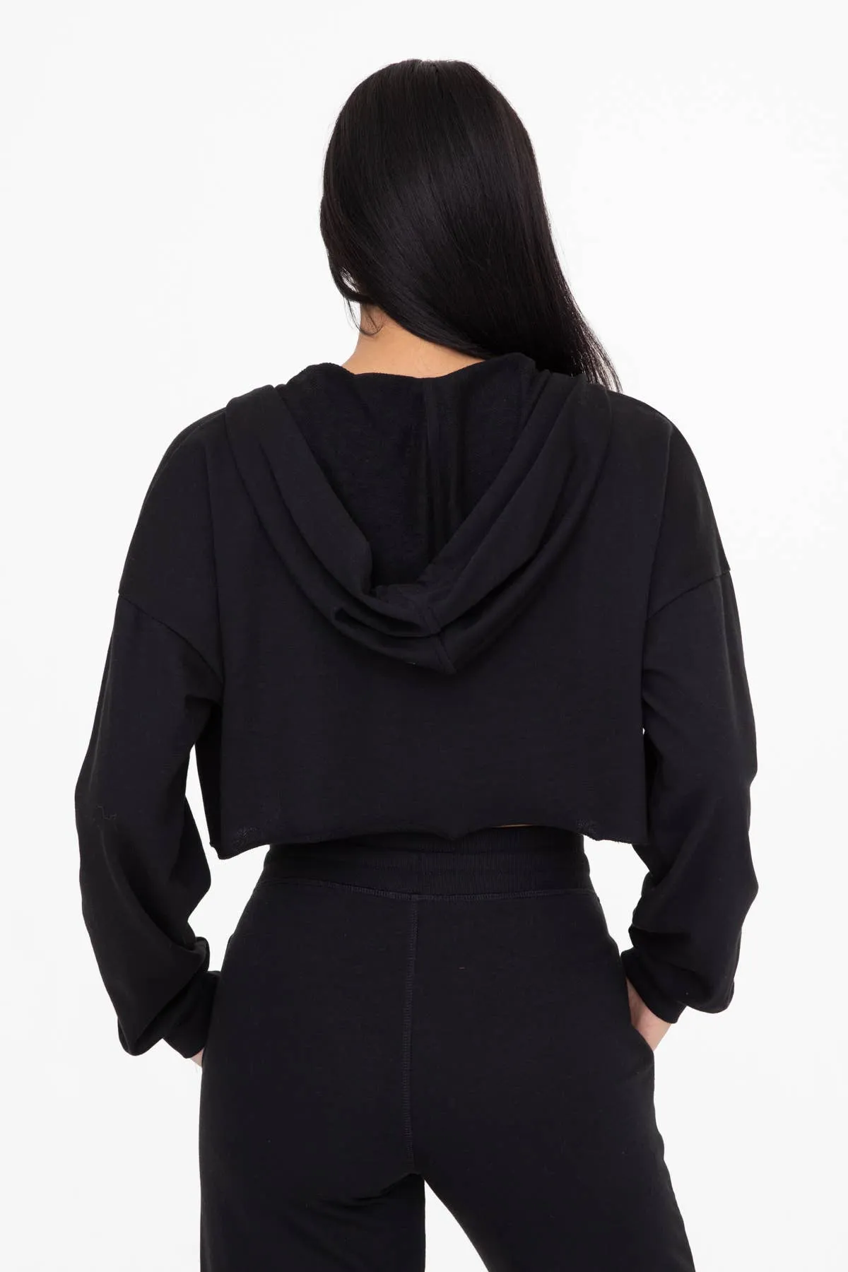 Crop Hoodie Zip-Up French Terry Jacket-  BLACK