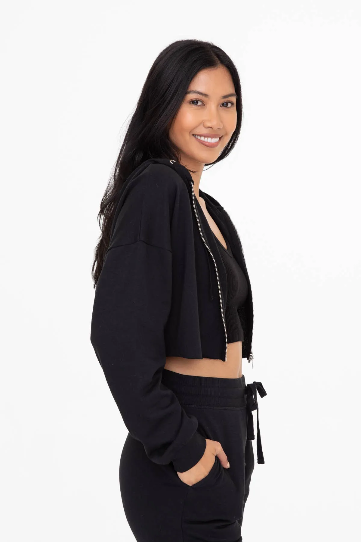 Crop Hoodie Zip-Up French Terry Jacket-  BLACK