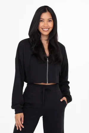 Crop Hoodie Zip-Up French Terry Jacket-  BLACK