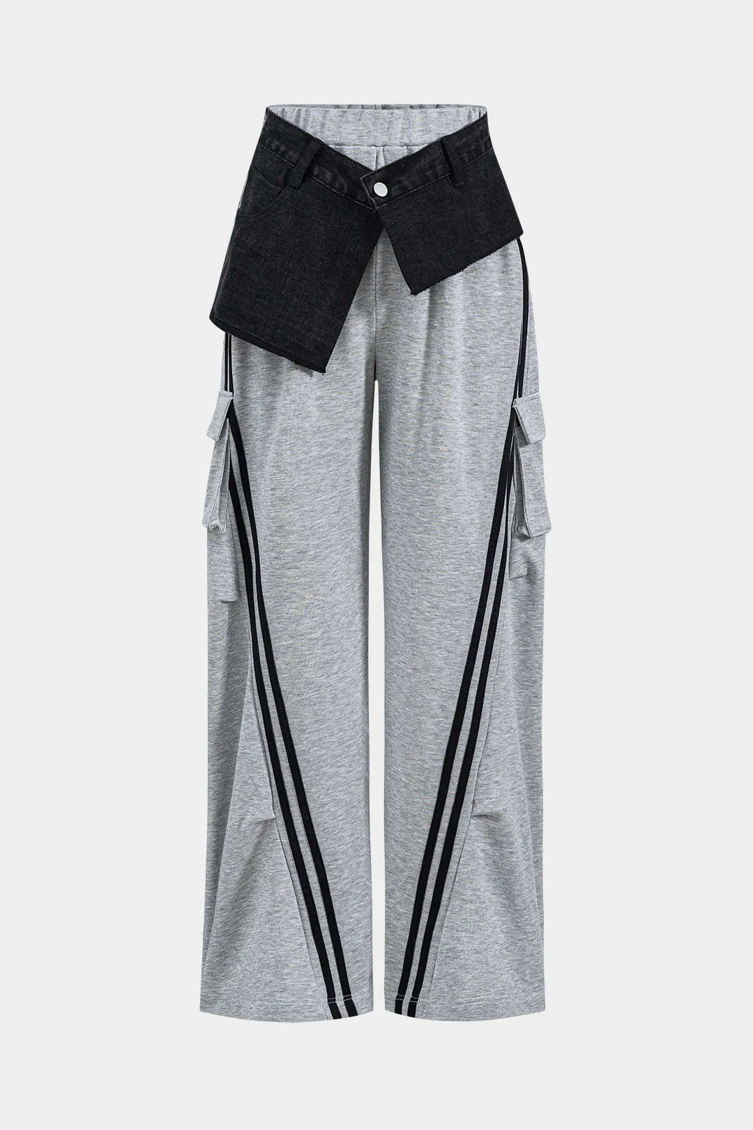 Denim Patchwork Pocket Trousers with Loose Fit