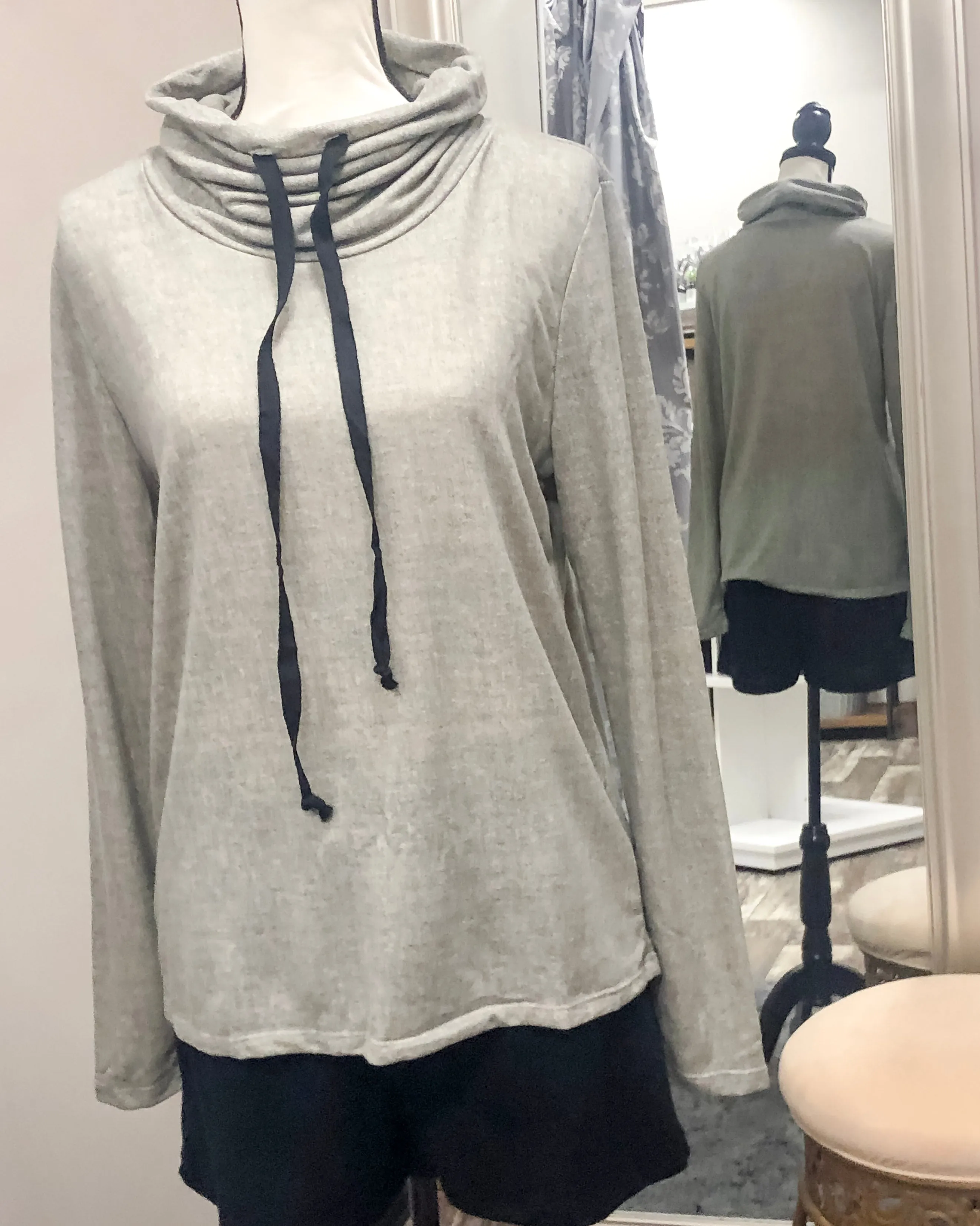 French Terry Cowl Neck Knit Top - Grey