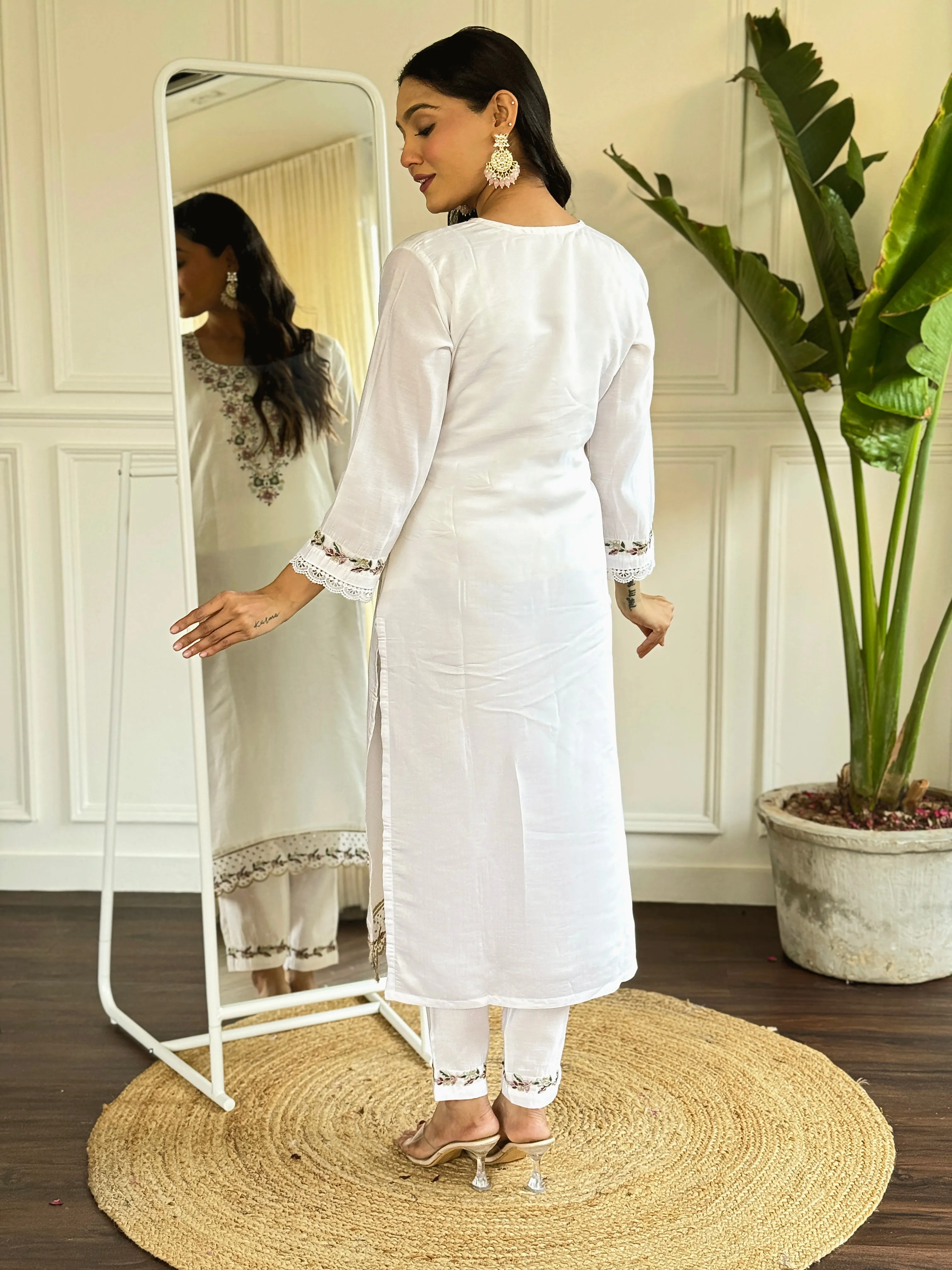 FRILLFIT : White Embroidered Kurta Set with Printed Dupatta – Festive &amp; Everyday Ethnic Wear