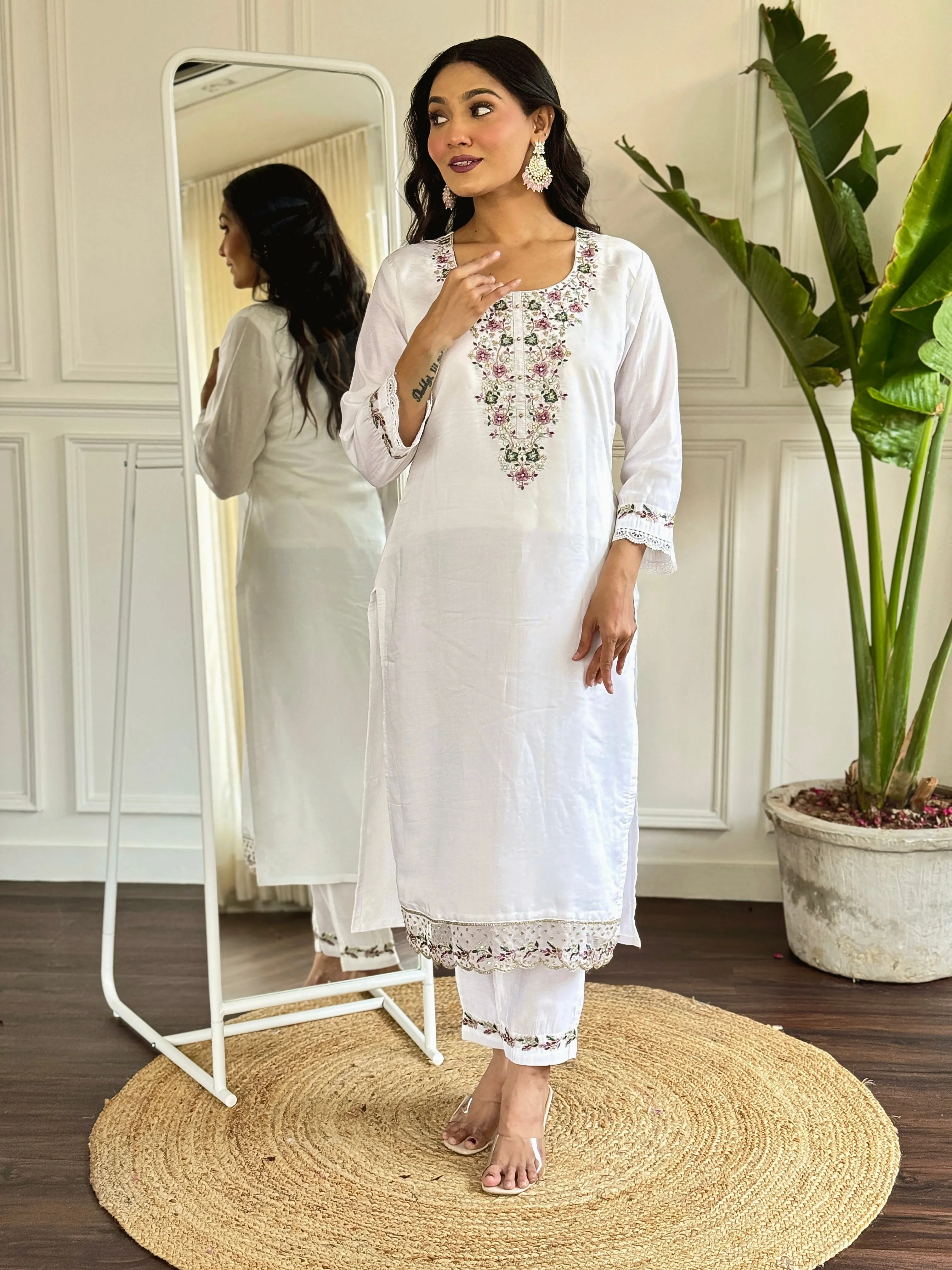 FRILLFIT : White Embroidered Kurta Set with Printed Dupatta – Festive &amp; Everyday Ethnic Wear