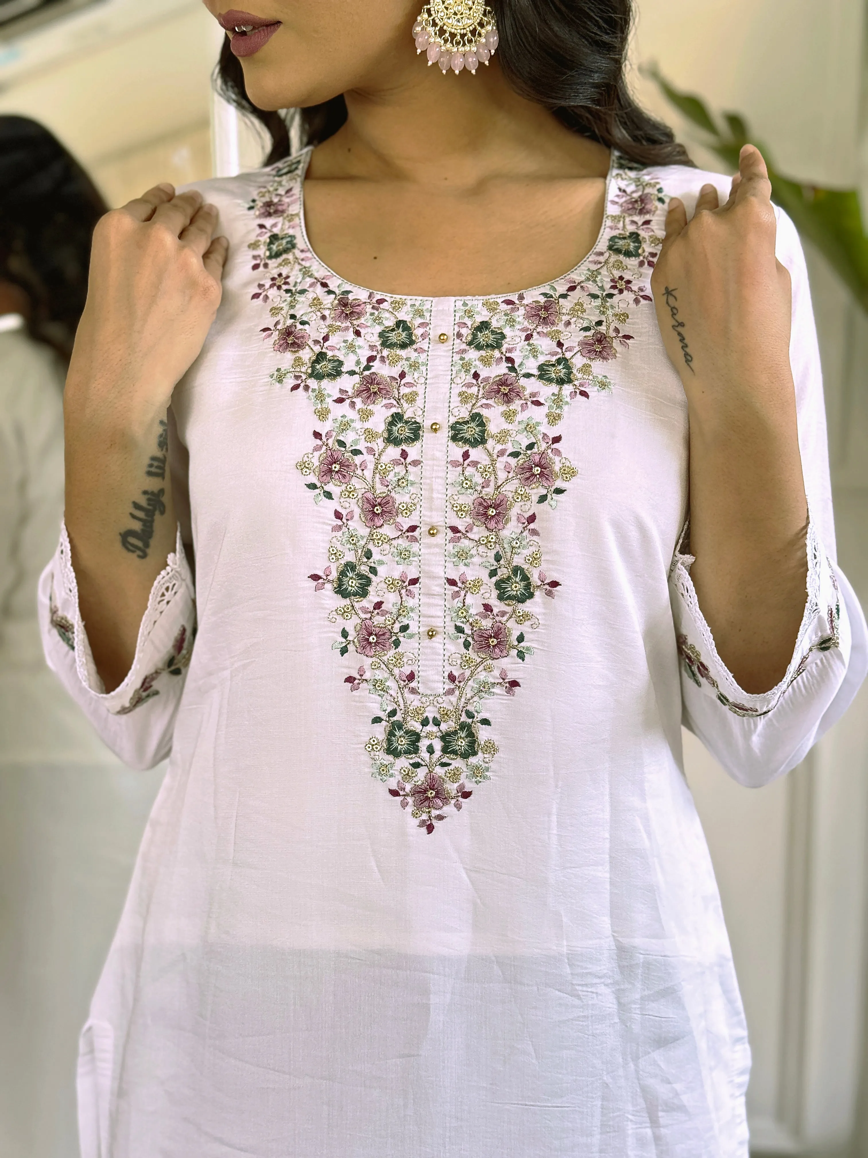 FRILLFIT : White Embroidered Kurta Set with Printed Dupatta – Festive &amp; Everyday Ethnic Wear
