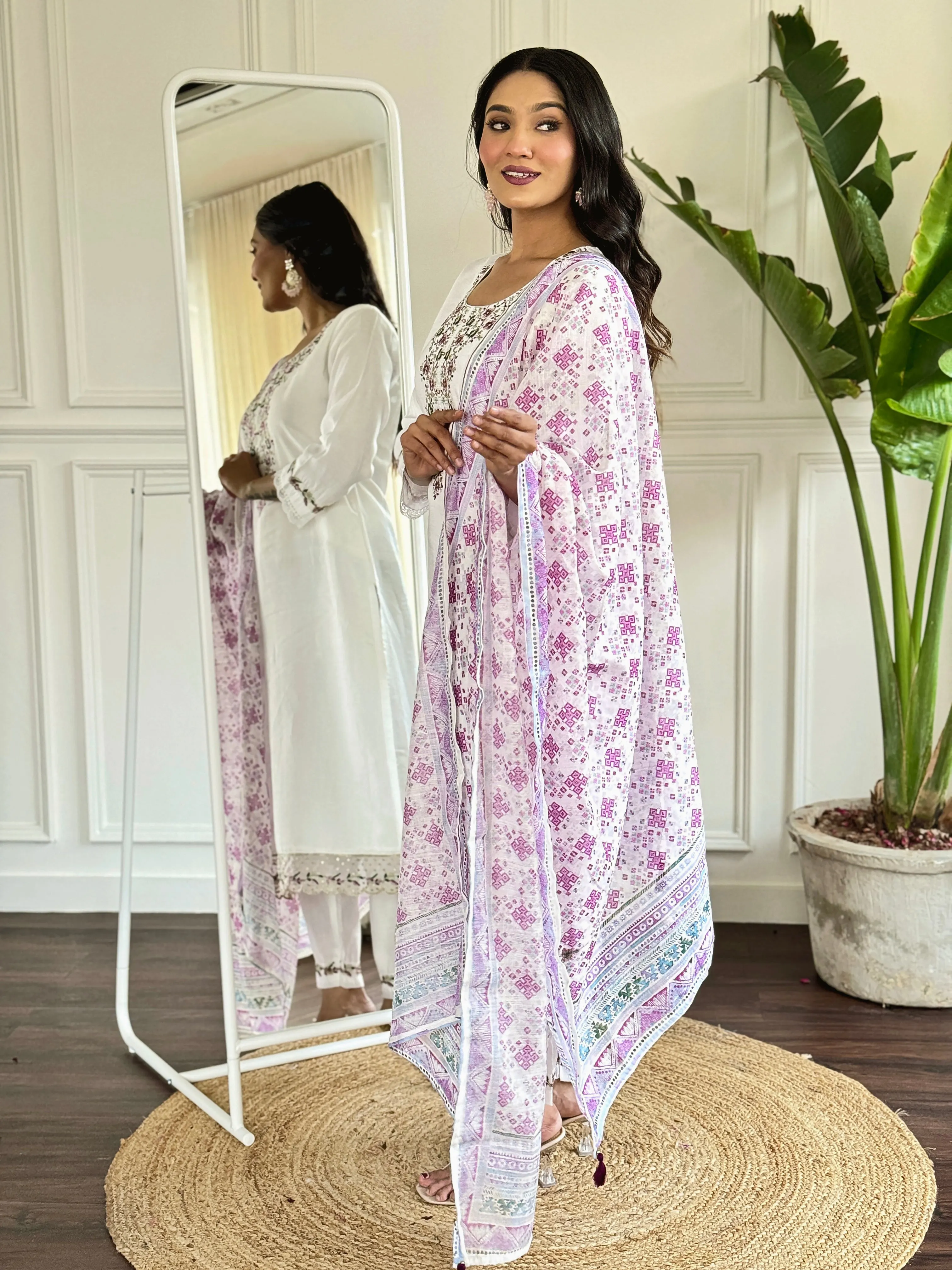 FRILLFIT : White Embroidered Kurta Set with Printed Dupatta – Festive &amp; Everyday Ethnic Wear