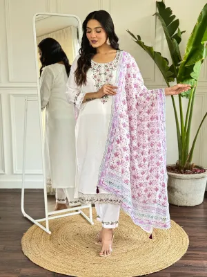FRILLFIT : White Embroidered Kurta Set with Printed Dupatta – Festive &amp; Everyday Ethnic Wear