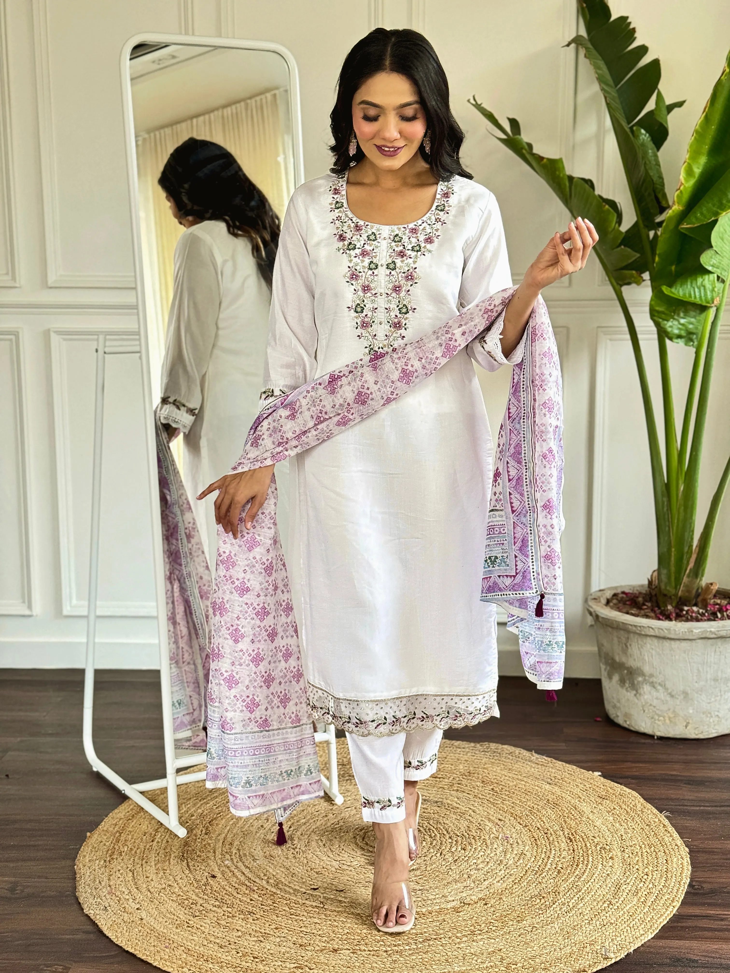 FRILLFIT : White Embroidered Kurta Set with Printed Dupatta – Festive &amp; Everyday Ethnic Wear