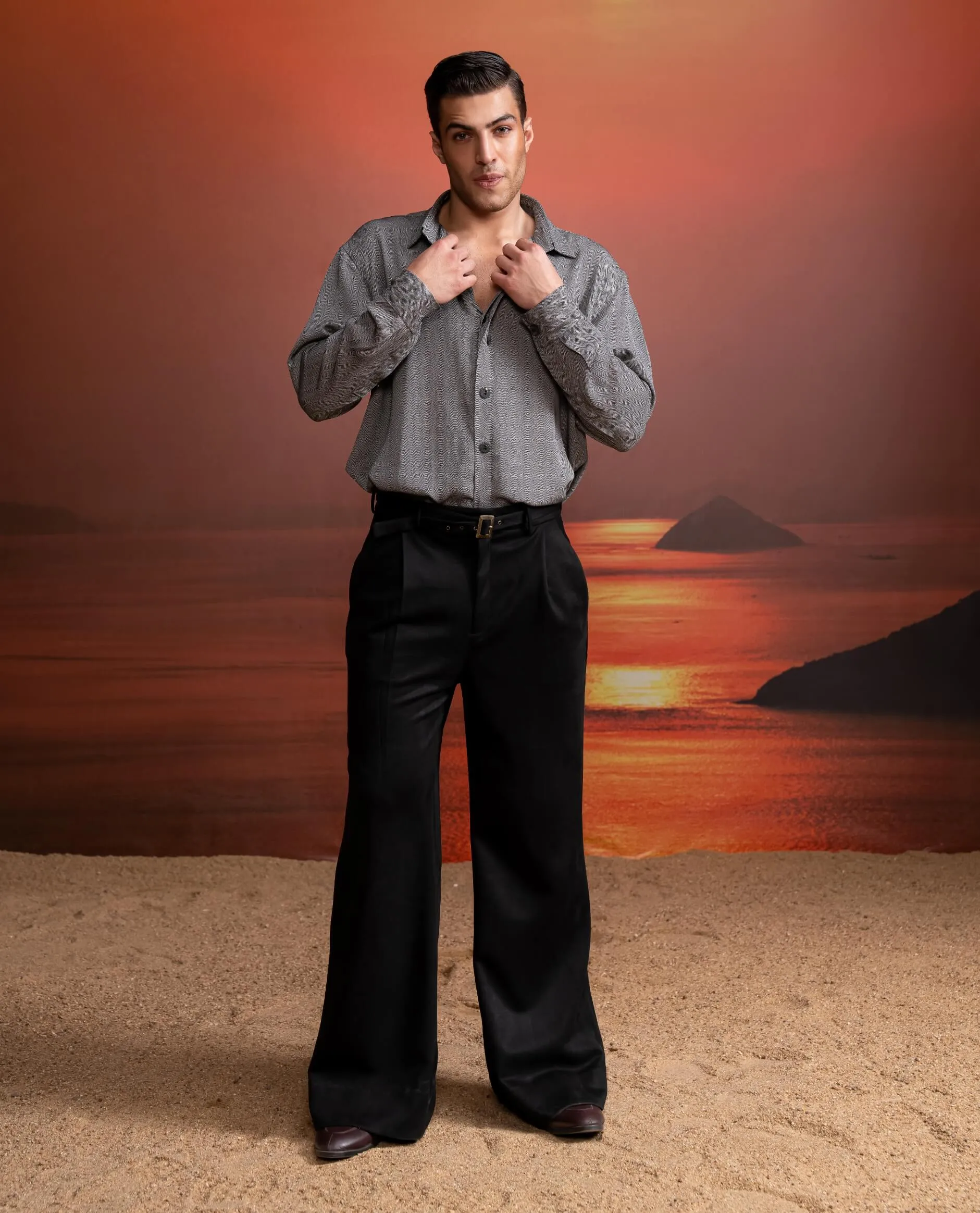 Gray tweed print shirt and black pants