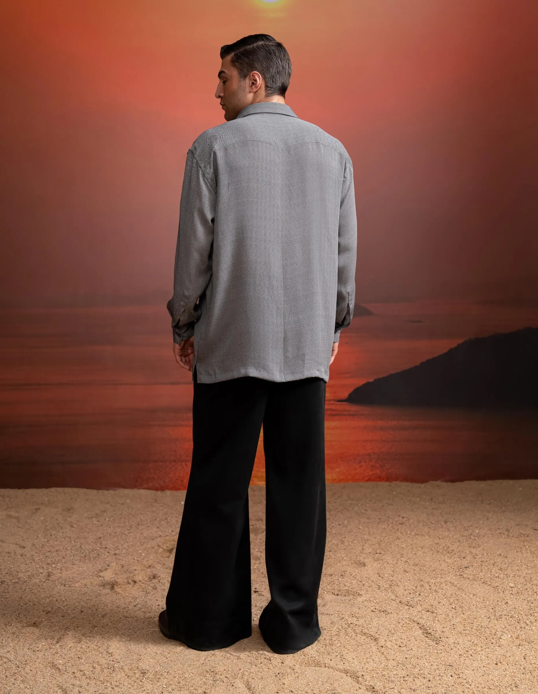 Gray tweed print shirt and black pants