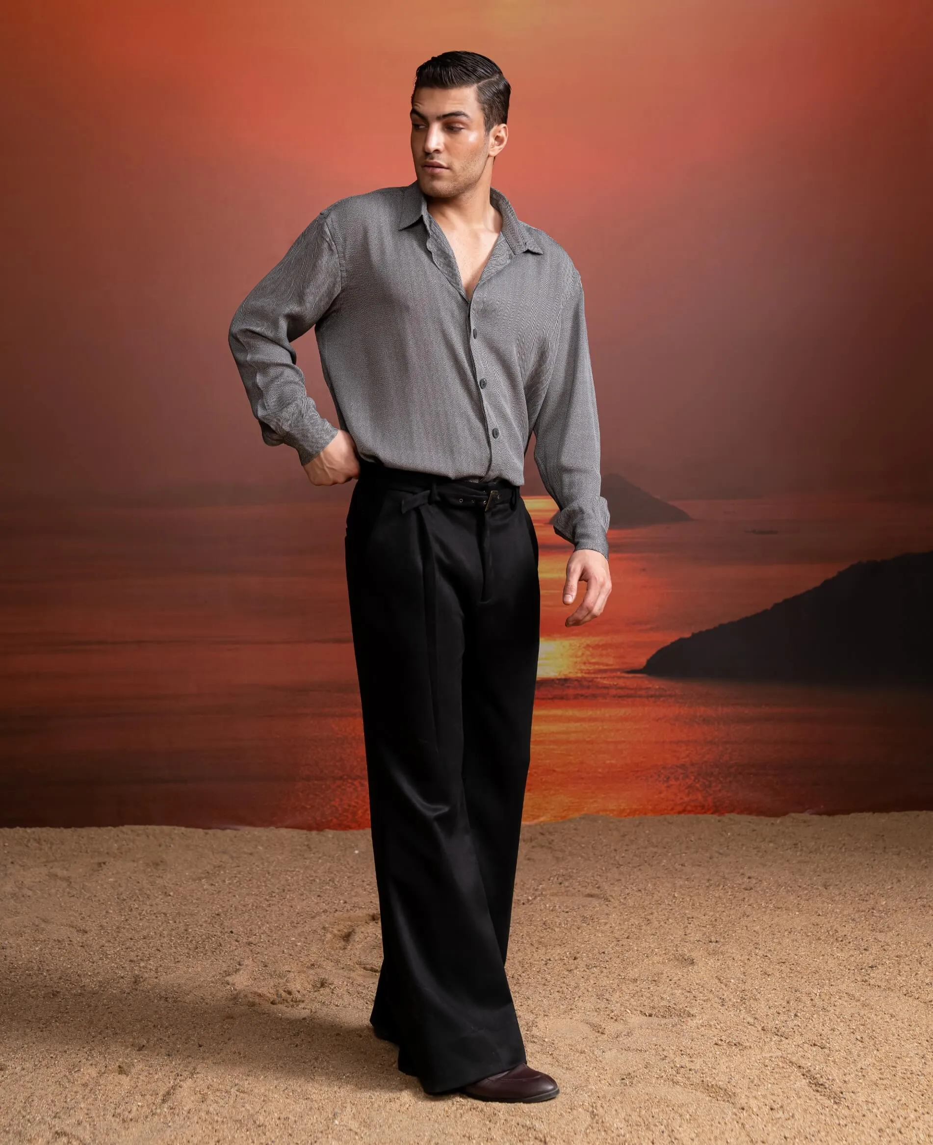 Gray tweed print shirt and black pants