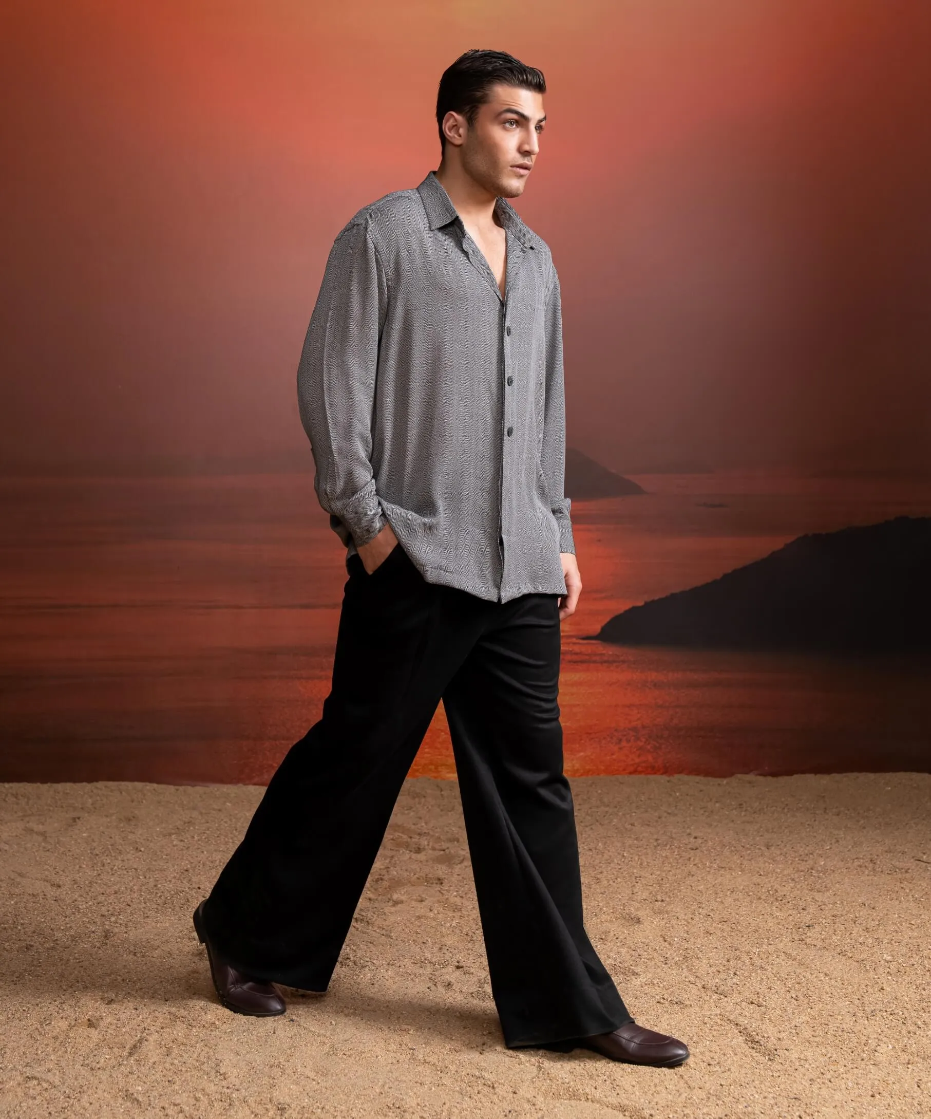 Gray tweed print shirt and black pants