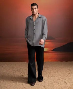 Gray tweed print shirt and black pants