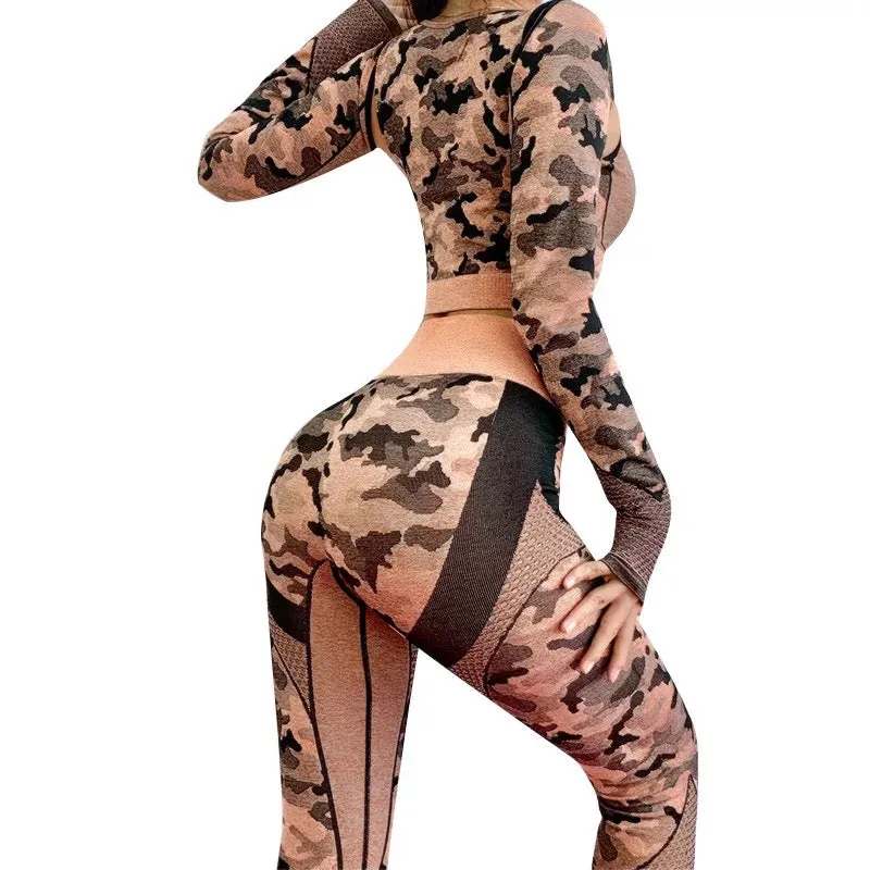GYM Fitness Clothing Cameo Printed Yoga Pants And Crop Top Seamless Yoga Set Women