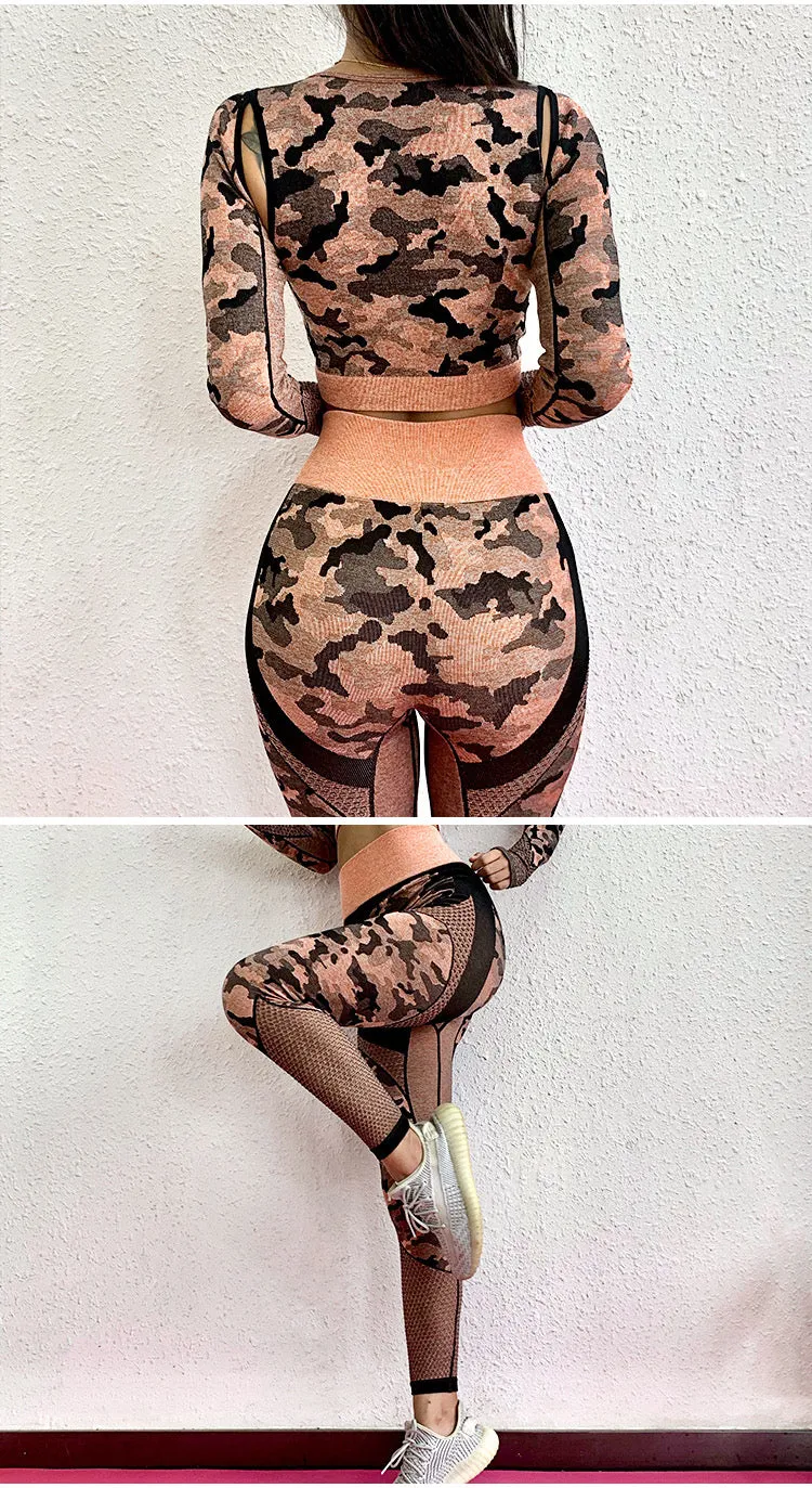 GYM Fitness Clothing Cameo Printed Yoga Pants And Crop Top Seamless Yoga Set Women