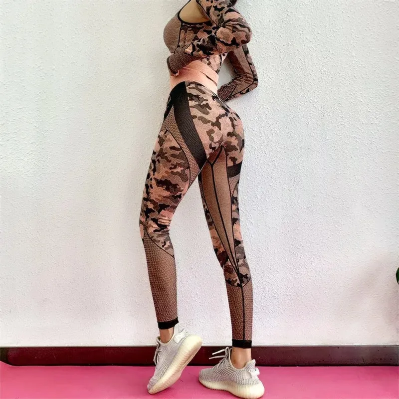 GYM Fitness Clothing Cameo Printed Yoga Pants And Crop Top Seamless Yoga Set Women