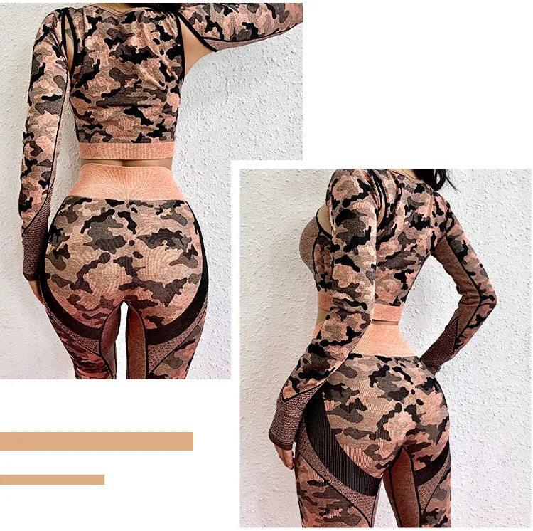 GYM Fitness Clothing Cameo Printed Yoga Pants And Crop Top Seamless Yoga Set Women