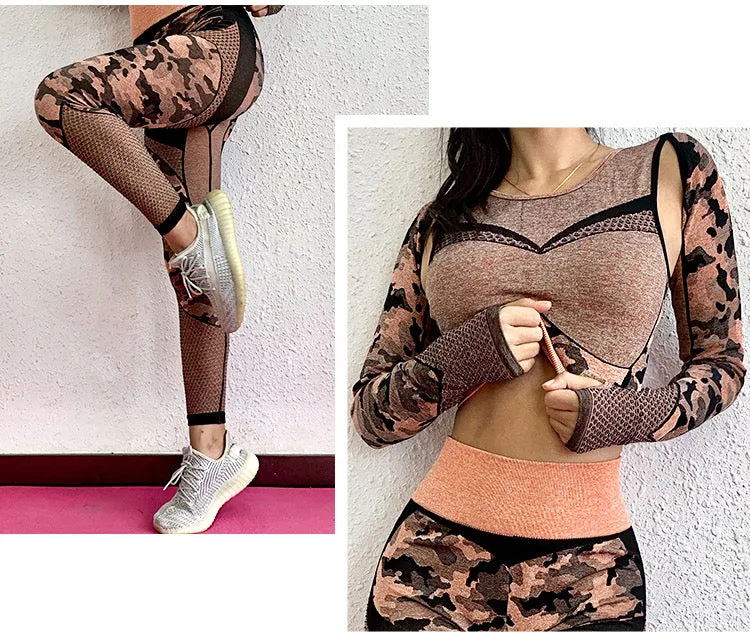 GYM Fitness Clothing Cameo Printed Yoga Pants And Crop Top Seamless Yoga Set Women