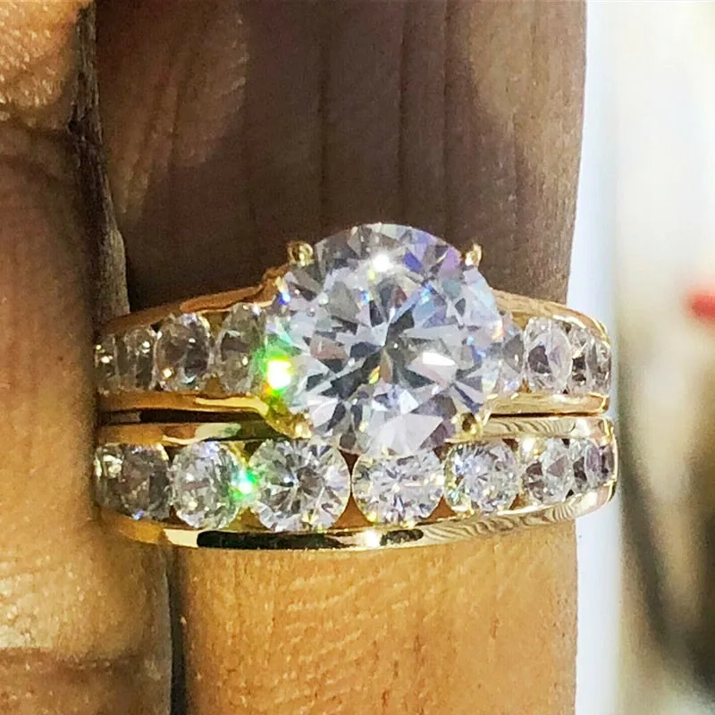 Inlaid White Sapphire Wedding Ring Set for Women Stackable Jewelry