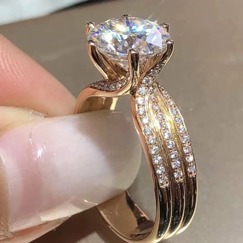 Inlaid Zircon Engagement Ring Gold Women Party Wedding Jewelry