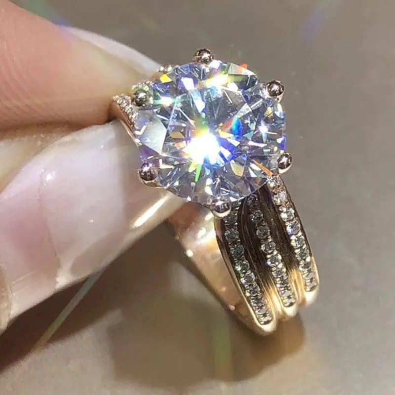 Inlaid Zircon Engagement Ring Gold Women Party Wedding Jewelry