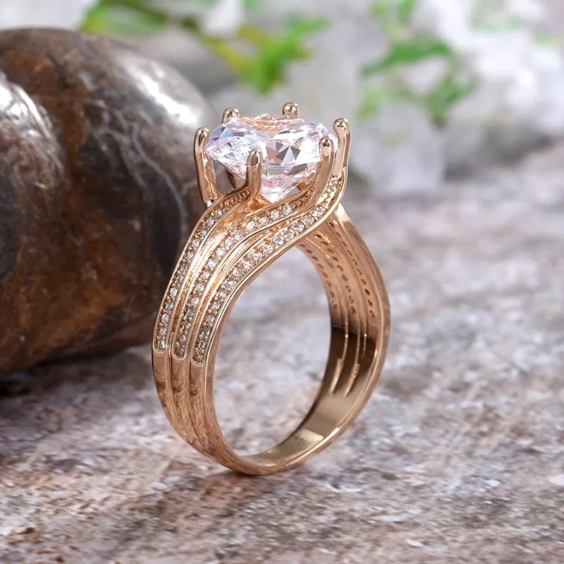 Inlaid Zircon Engagement Ring Gold Women Party Wedding Jewelry