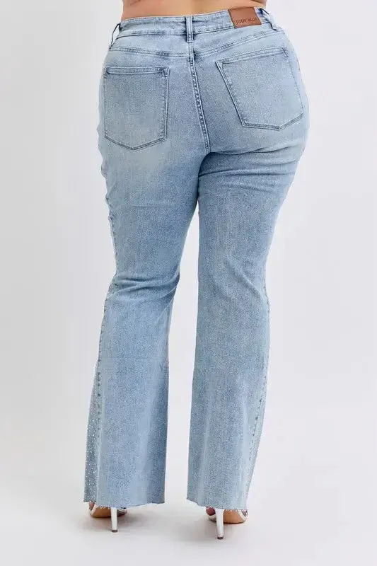 Judy Blue Full Size Midi Rise Rhinestone Side Panel Detail Flare Jeans Plus Size