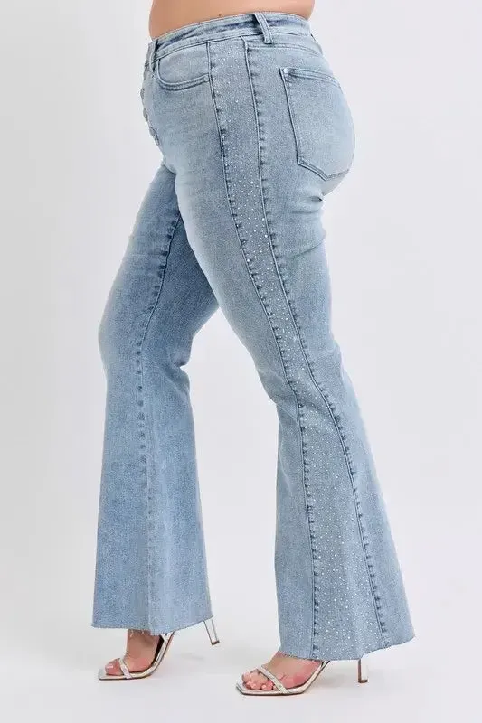Judy Blue Full Size Midi Rise Rhinestone Side Panel Detail Flare Jeans Plus Size